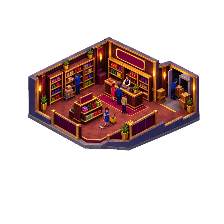 A busy shop: staff restocking shelves and serving a short queue at the counter