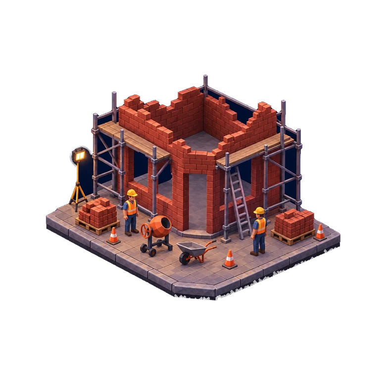 Construction site: half-built brick walls, scaffolding and two workers